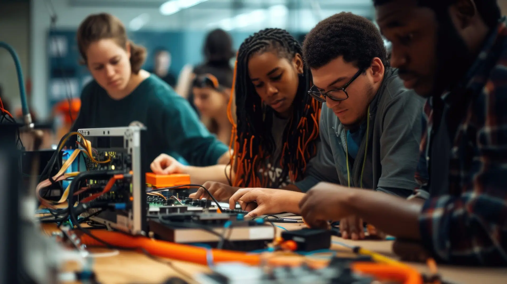 Young engineering students collaborate on an electronics project in a technology lab, soldering circuit boards and sharing ideas. AIG41